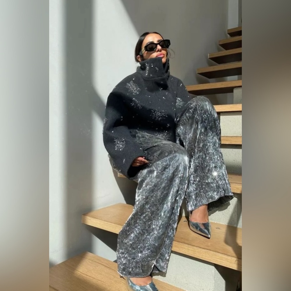 Zara Black High-Neck Sweater with Metallic Gray Wide-Leg Pants